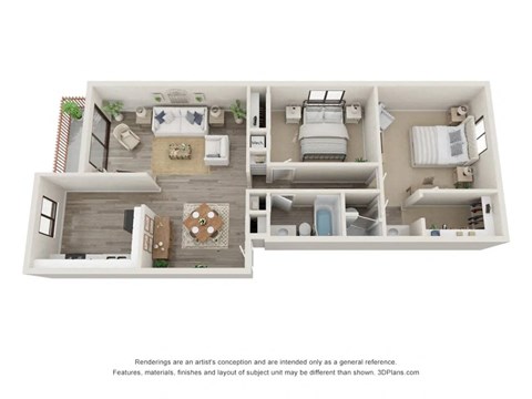 Floor plan for 2 beds, 2 baths, 1050 sqft